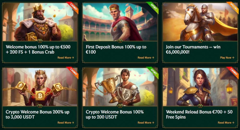 Bonos de depósito de Casinia, incluyendo un paquete de bienvenida y una oferta de rueda de bonos.
